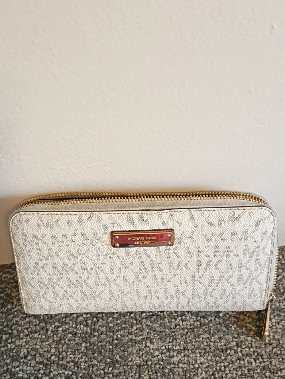 Michael Kors Cream Signature Zip-Around Wallet with Gold Hardware